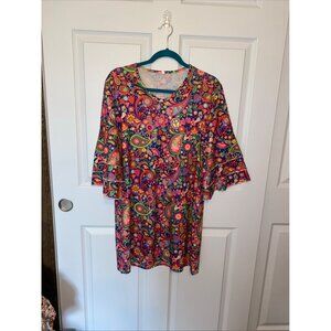 Bright Multicolor Paisley & Floral Print Tunic Dress With Flared Sleeves